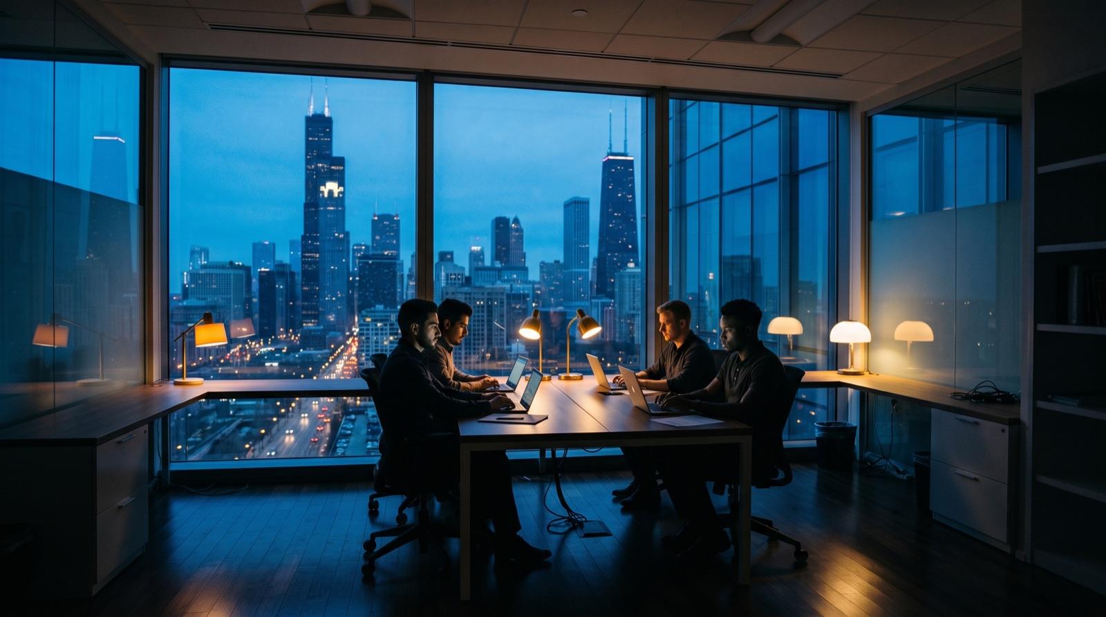 The Novus team working late in a Chicago office overlooking the city skyline at dusk